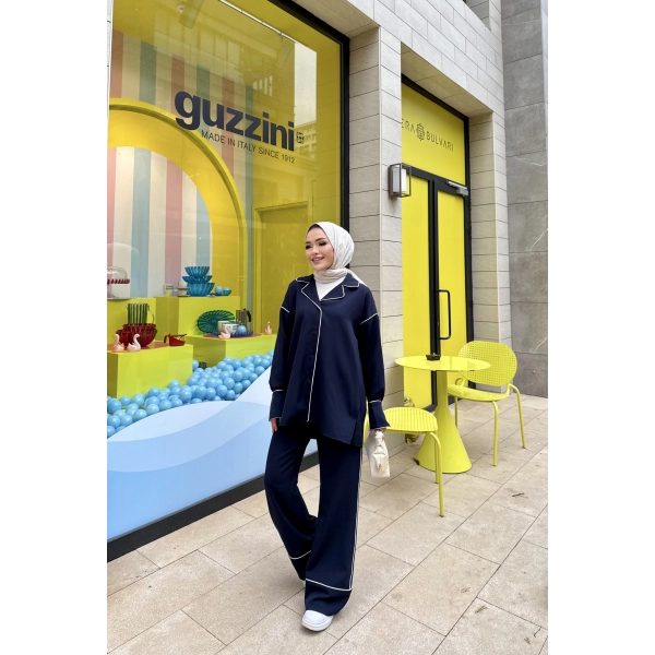 Gold Düğmeli Biyeli Takım - Lacivert