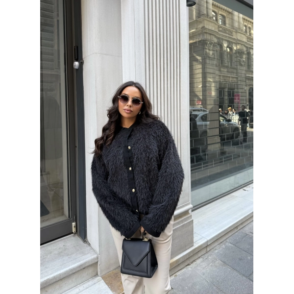 Gold Düğmeli Peluş Hırka - Siyah