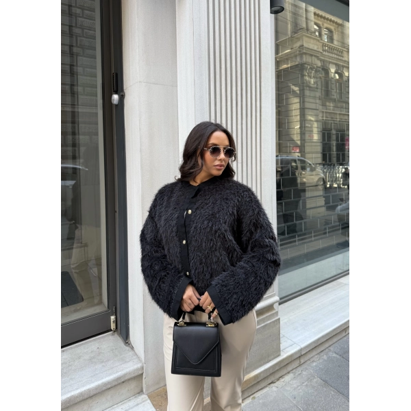 Gold Düğmeli Peluş Hırka - Siyah