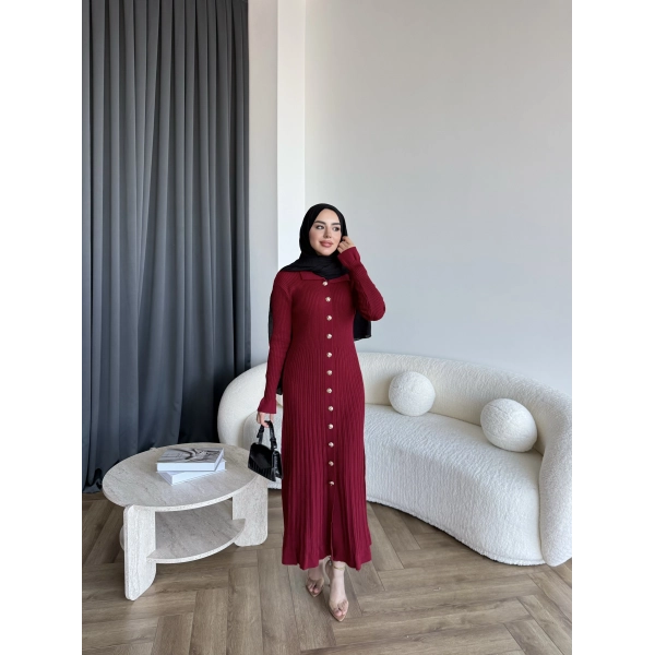 Gold Düğmeli Triko Elbise - Bordo