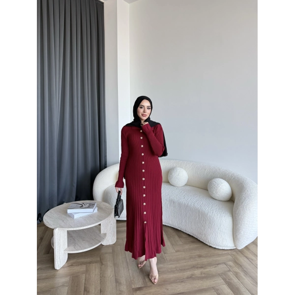Gold Düğmeli Triko Elbise - Bordo