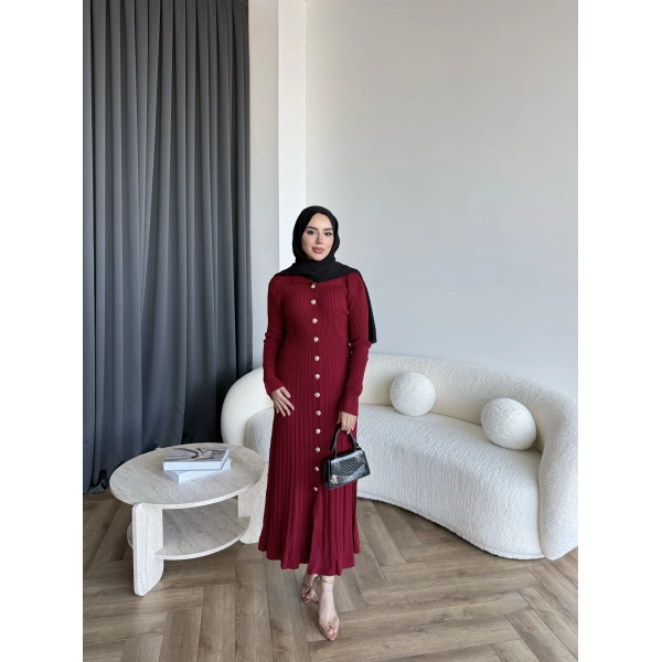 Gold Düğmeli Triko Elbise - Bordo