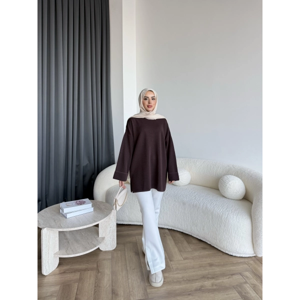 Gülsy Kol Detay Simli Triko Kazak - Kahve