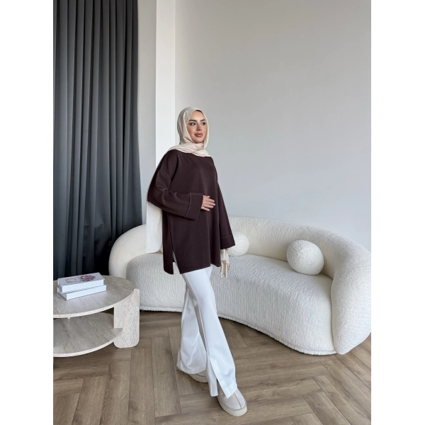 Gülsy Kol Detay Simli Triko Kazak - Kahve