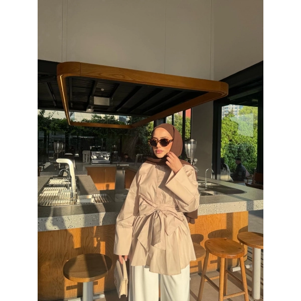 Helino Kuşaklı Gömlek - Bej