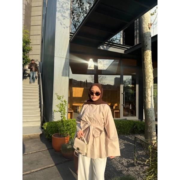 Helino Kuşaklı Gömlek - Bej