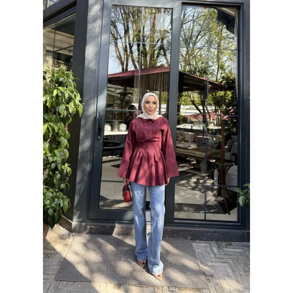 Helino Kuşaklı Gömlek - Bordo