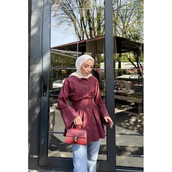 Helino Kuşaklı Gömlek - Bordo