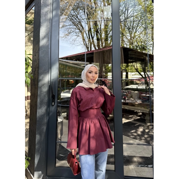 Helino Kuşaklı Gömlek - Bordo