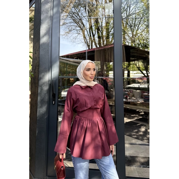 Helino Kuşaklı Gömlek - Bordo