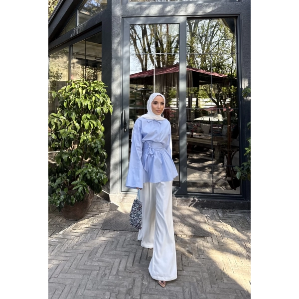 Helino Kuşaklı Gömlek - Mavi