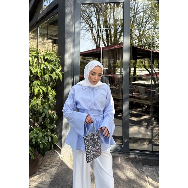 Helino Kuşaklı Gömlek - Mavi