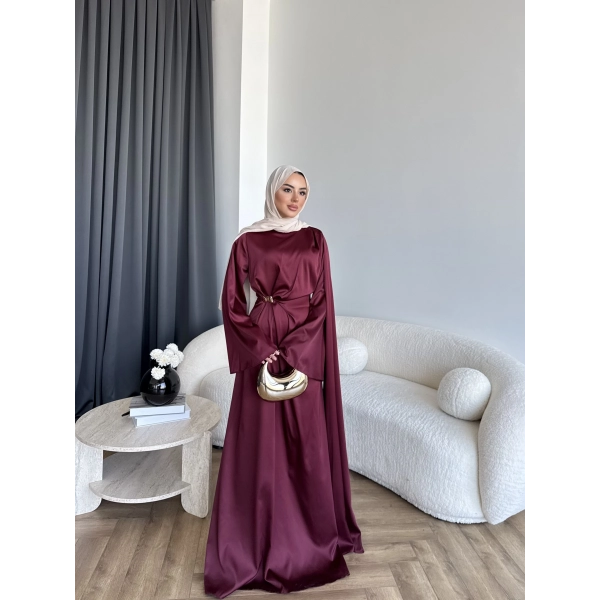 Hen - Volan Saten Elbise - Bordo