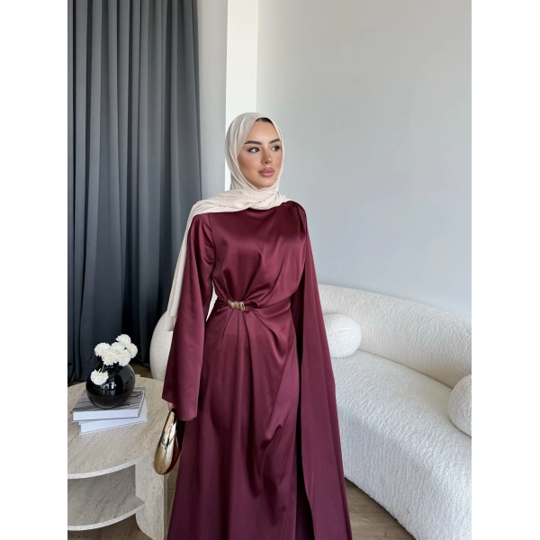 Hen - Volan Saten Elbise - Bordo