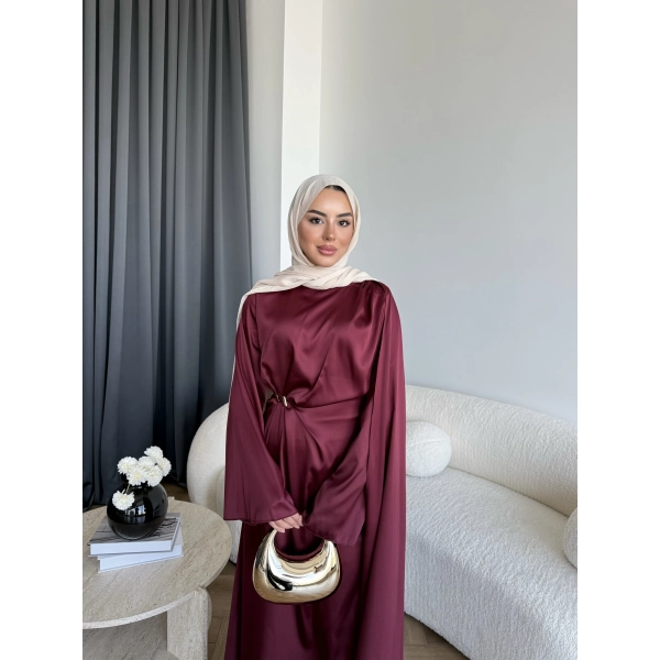 Hen - Volan Saten Elbise - Bordo