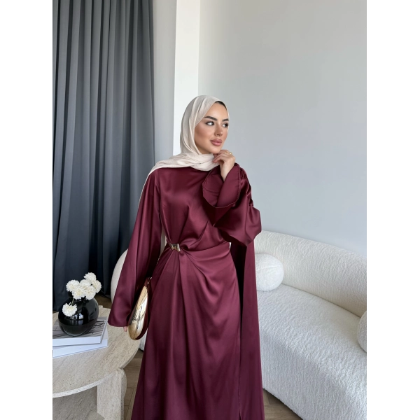 Hen - Volan Saten Elbise - Bordo