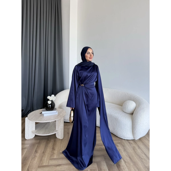 Hen - Volan Saten Elbise - Lacivert