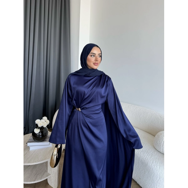 Hen - Volan Saten Elbise - Lacivert