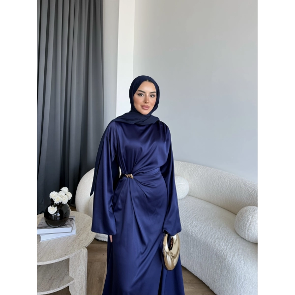 Hen - Volan Saten Elbise - Lacivert