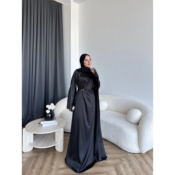 Hen - Volan Saten Elbise - Siyah