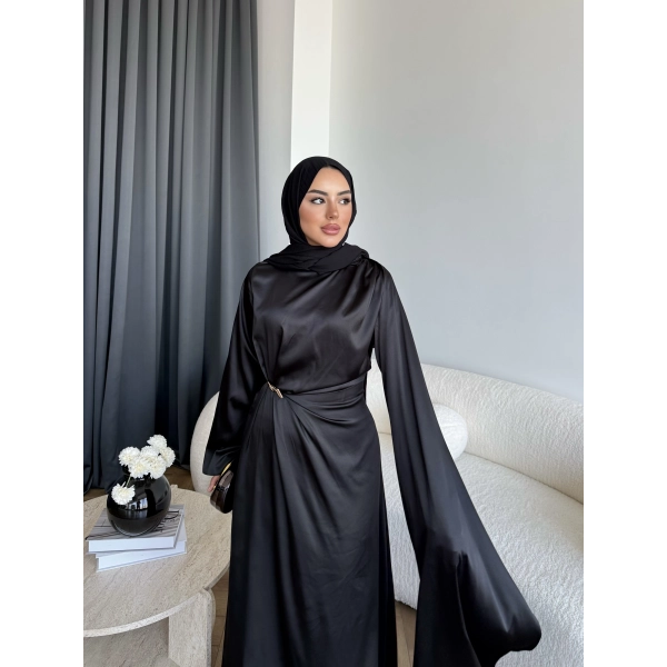 Hen - Volan Saten Elbise - Siyah