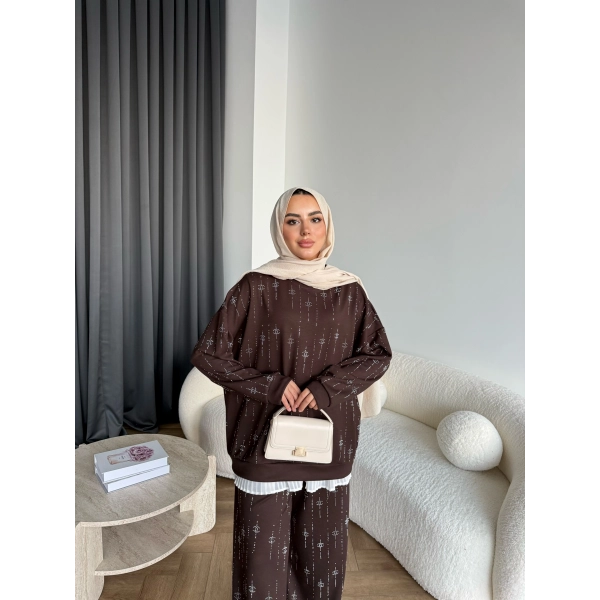 Hps-Muadil Taşlı Eşofman Takım - Kahve