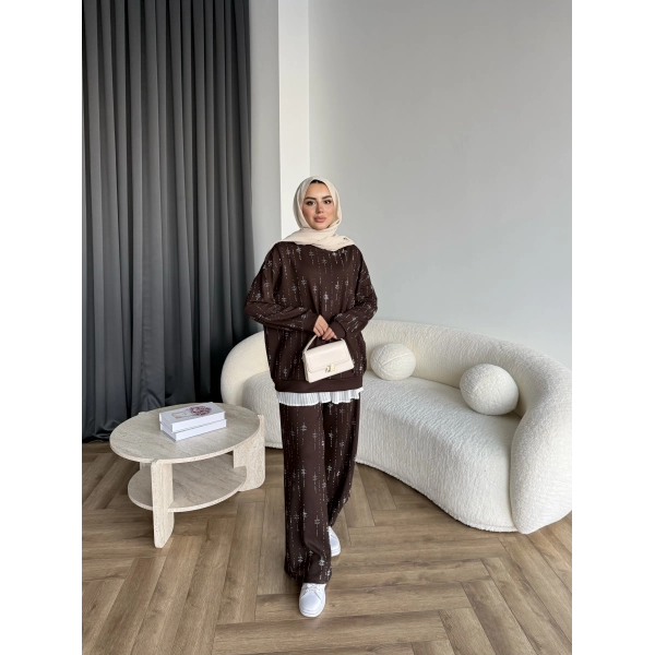 Hps-Muadil Taşlı Eşofman Takım - Kahve