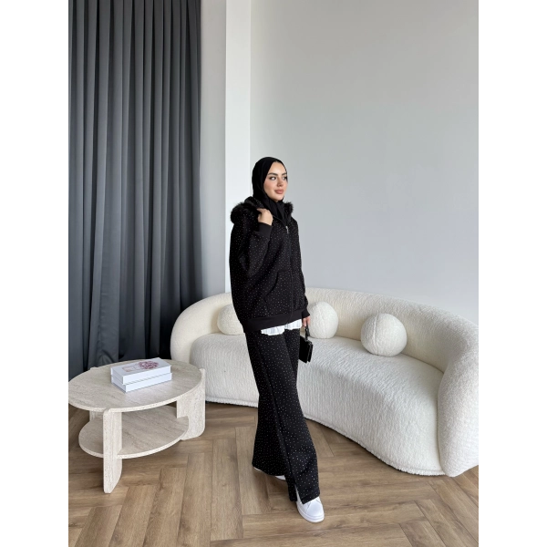 Hps-Taşlı Kürk Detay Takım - Siyah