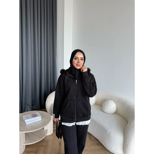 Hps-Taşlı Kürk Detay Takım - Siyah