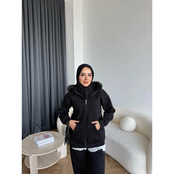 Hps-Taşlı Kürk Detay Takım - Siyah