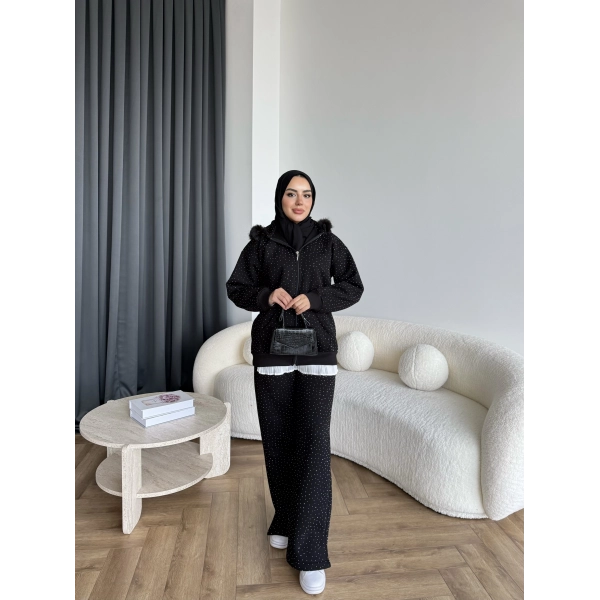 Hps-Taşlı Kürk Detay Takım - Siyah