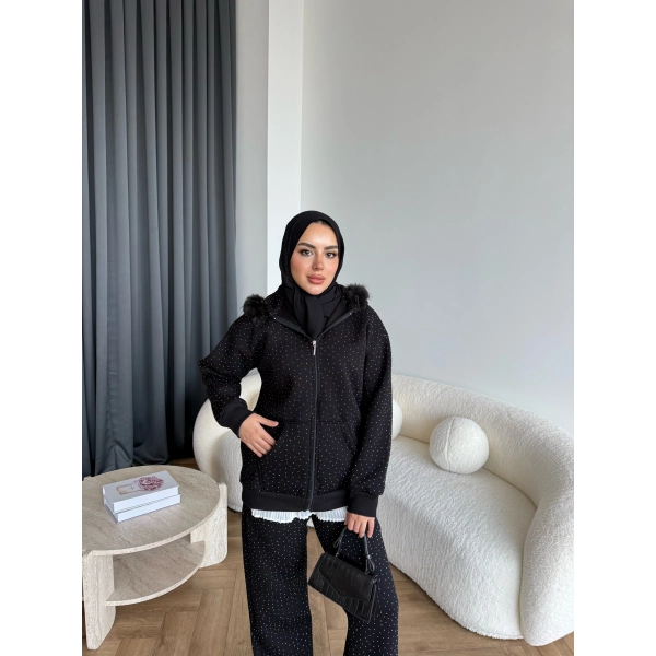Hps-Taşlı Kürk Detay Takım - Siyah
