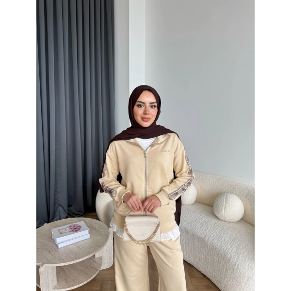 Hps-Yan Şeritli Muadil Takım - Bej