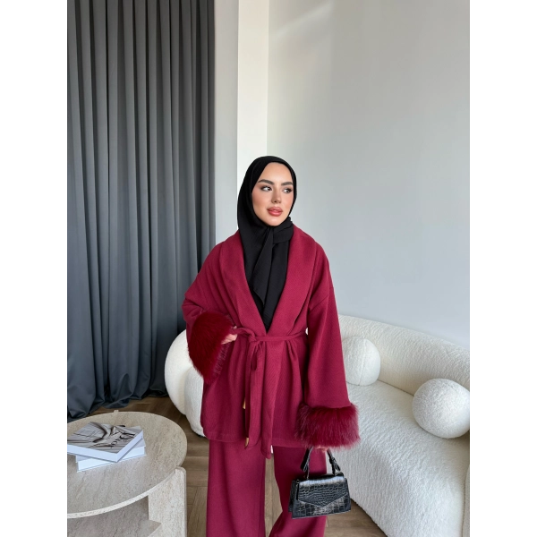 Hümas Kürk Detaylı Takım - Bordo