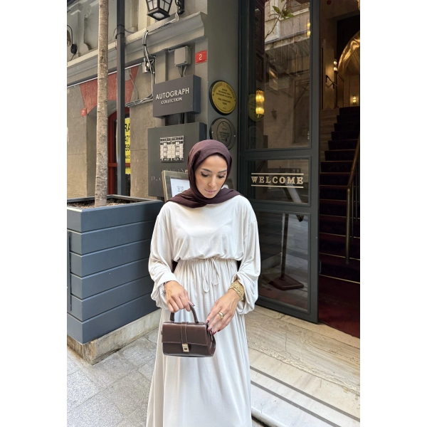İmren Beli Lastikli Oysh Elbise - Bej