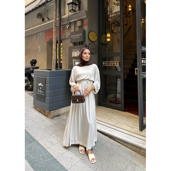 İmren Beli Lastikli Oysh Elbise - Bej