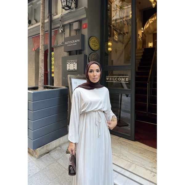 İmren Beli Lastikli Oysh Elbise - Bej