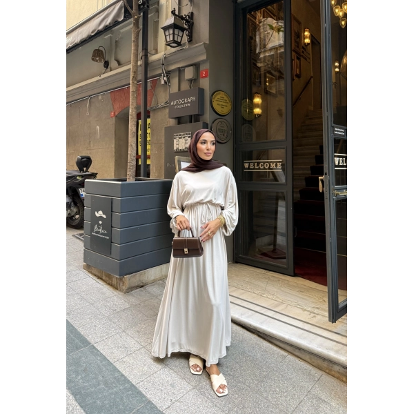 İmren Beli Lastikli Oysh Elbise - Bej