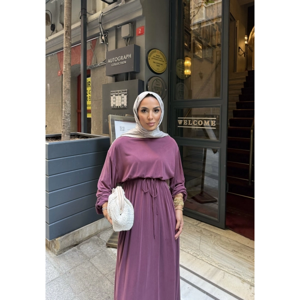 İmren Beli Lastikli Oysh Elbise - Bordo