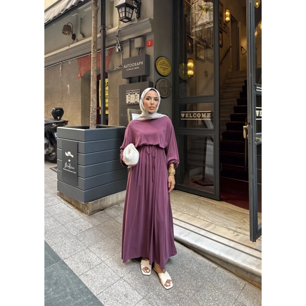 İmren Beli Lastikli Oysh Elbise - Bordo
