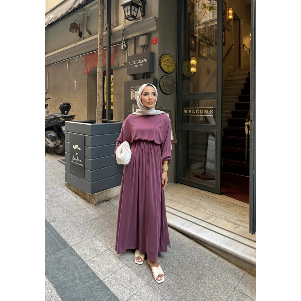 İmren Beli Lastikli Oysh Elbise - Bordo