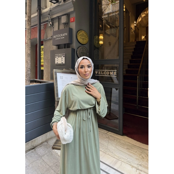 İmren Beli Lastikli Oysh Elbise - Yeşil