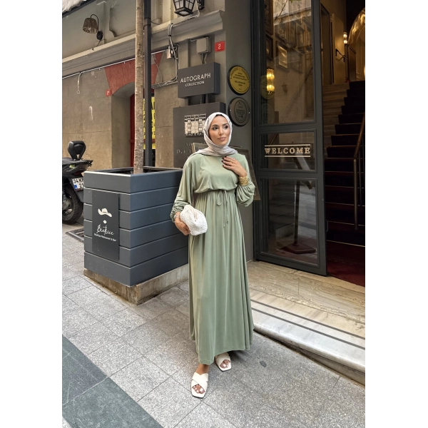 İmren Beli Lastikli Oysh Elbise - Yeşil