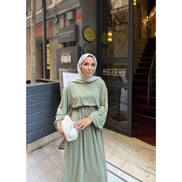 İmren Beli Lastikli Oysh Elbise - Yeşil