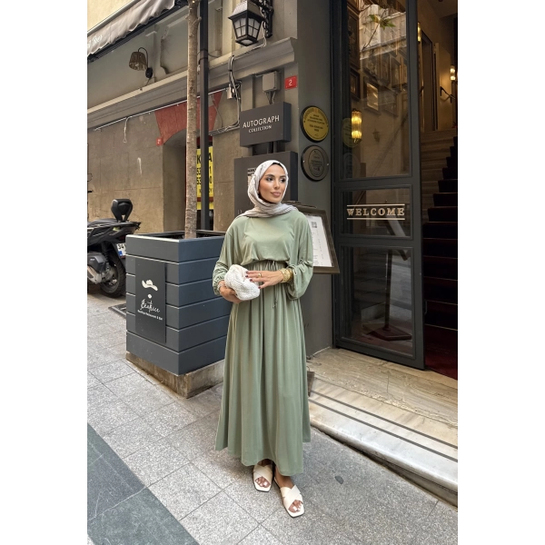 İmren Beli Lastikli Oysh Elbise - Yeşil
