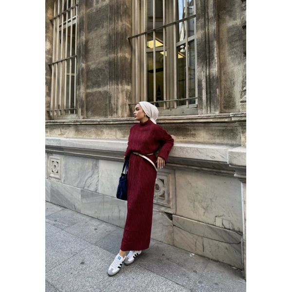 Işıl Örgü Triko Elbise - Bordo