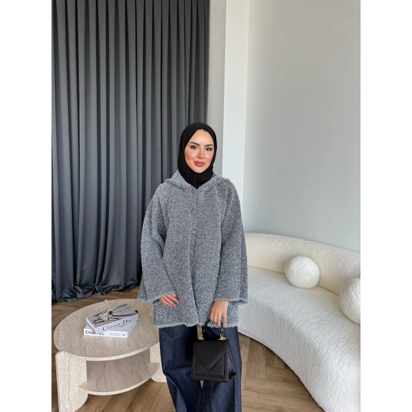 Kapşonlu Simli Hırka - Gri