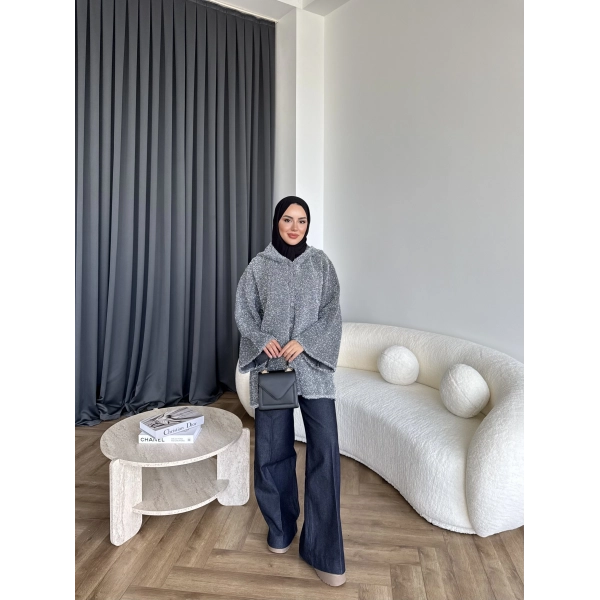 Kapşonlu Simli Hırka - Gri