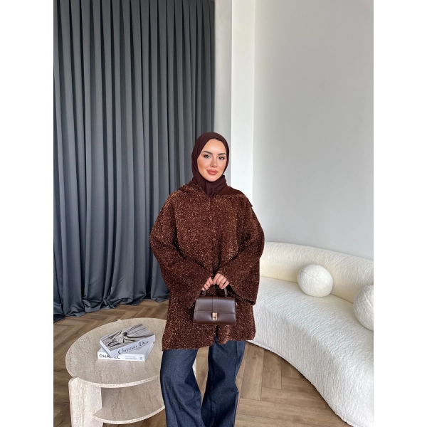 Kapşonlu Simli Hırka - Kahve