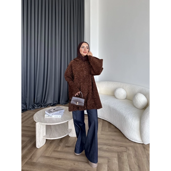 Kapşonlu Simli Hırka - Kahve